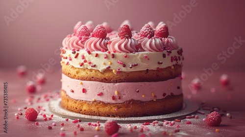 a close up of a cake with frosting and raspberries on a plate with sprinkles.