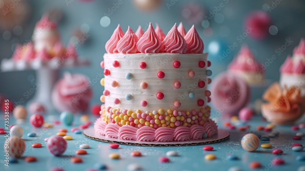 a close up of a cake with pink frosting and sprinkles on a table with other cakes in the background. a close up of a cake with pink frosting and sprinkles on a table with other cakes in the background.