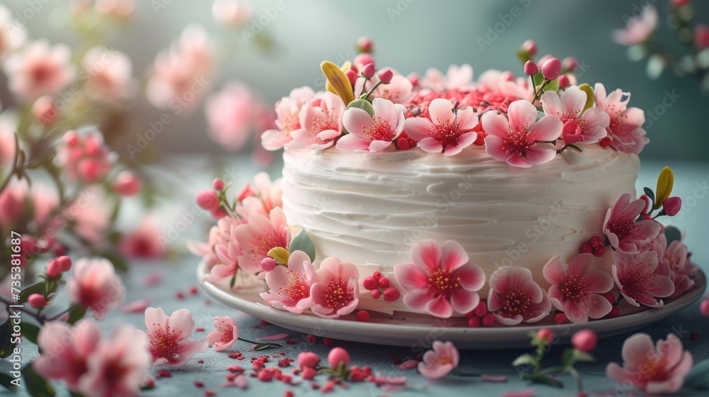 a white cake with white frosting and pink flowers on top of a blue table with pink petals on it.