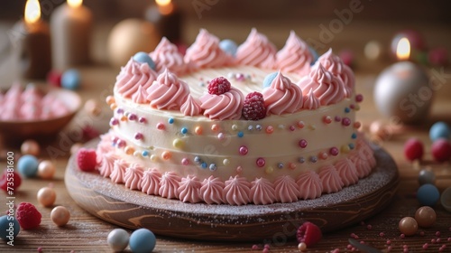 a close up of a cake with frosting and sprinkles on a table with candles in the background.