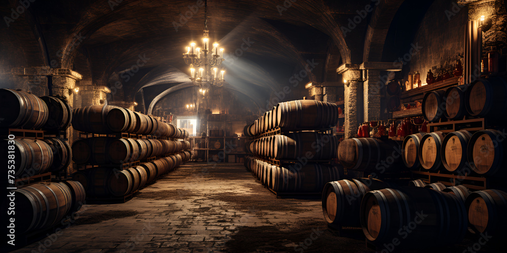 Production of wine or strong alcohol drinks A huge cellar with rows of wooden barrels with beverages and with sunlight coming from the windows  
  