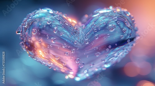 a close up of a heart shaped object on a blue and pink background with water droplets in the shape of a heart. photo