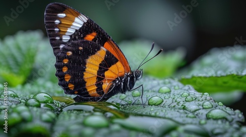 a close up of a butterfly on a leaf with drops of water on it's wings and a green leaf in the background.