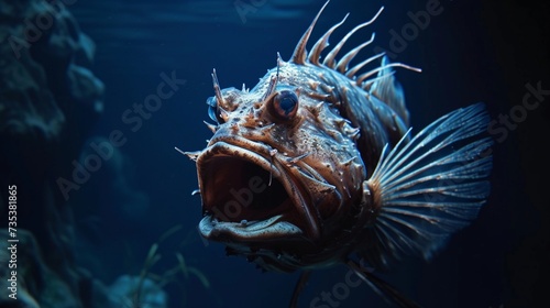 Angler fish on background of dark blue water realistic illustration art. Scary deep-sea fish predator In the depths of the ocean. Place for text. © Abid