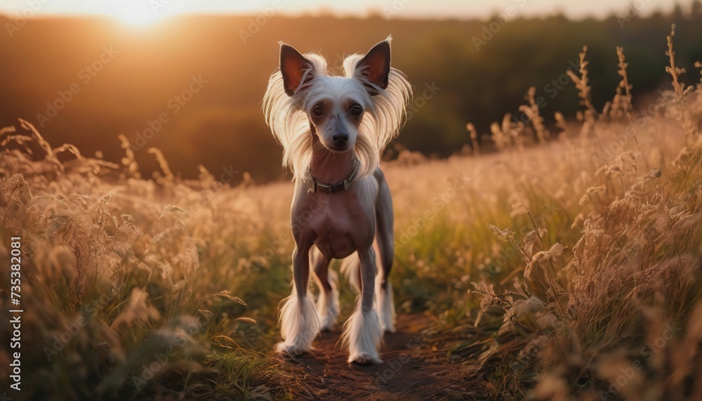 Chinese crested dog, dog at dawn, purebred dog in nature, happy dog, beautiful dog Chinese crested dog, dog at dawn, purebred dog in nature, happy dog, beautiful dog