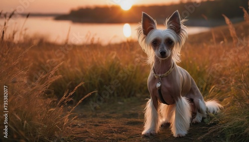 Chinese crested dog, dog at dawn, purebred dog in nature, happy dog, beautiful dog photo