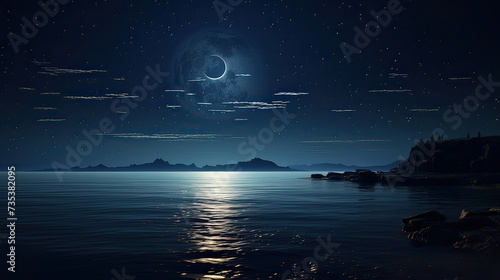 A romantic touch, the beauty of a moonlit night over the sea, the serene transition from sunset to night in a unique and artistic style background  Ai Generative