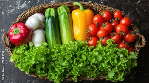 a wicker basket filled with lots of different types of veggies next to a bunch of tomatoes and cucumbers.