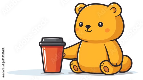 a brown teddy bear sitting next to a red cup with a lid and a lid on it's side. photo
