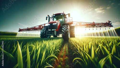 A red tractor with a sprayer attachment is working in a lush green field under a vibrant blue sky with the sun setting in the background.