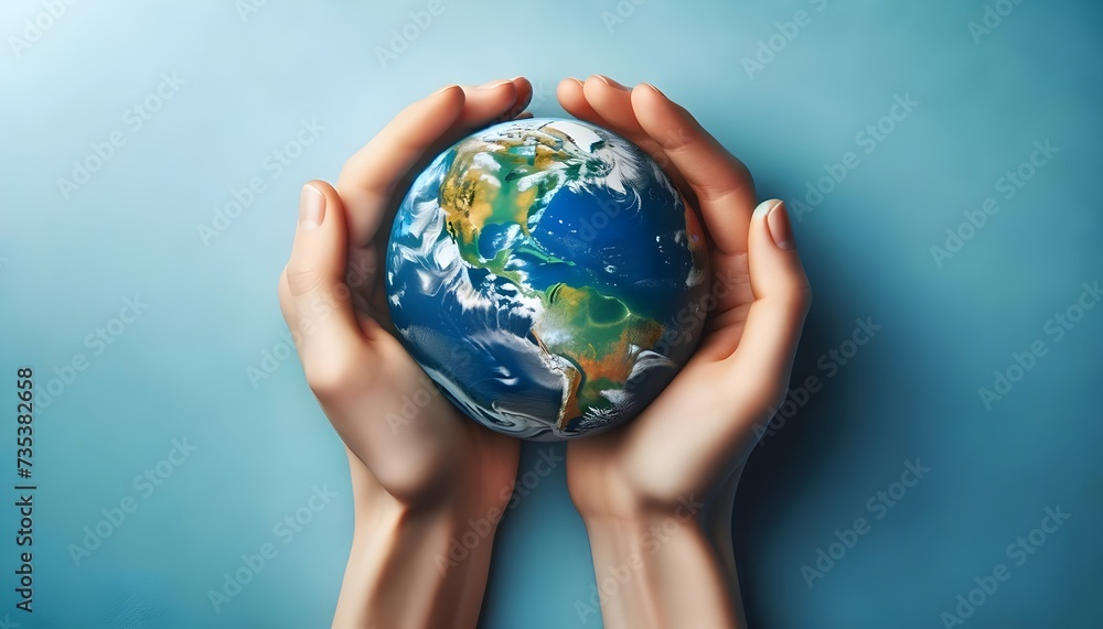 Two hands gently cradle a realistically detailed miniature Earth against a solid light blue background.
Two hands gently cradle a realistically detailed miniature Earth against a solid light blue background.