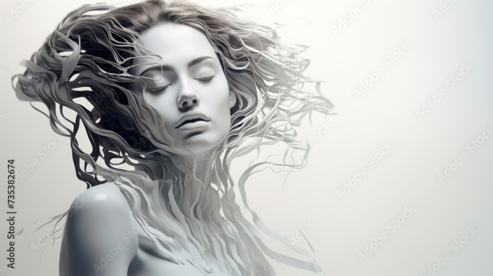 Fototapeta premium Surreal Art of a Woman with Wind-Swept Hair in a Graceful Flowing Motion