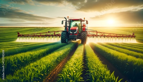 A red tractor with an extended sprayer is applying treatment to a field of crops during a beautiful sunrise.