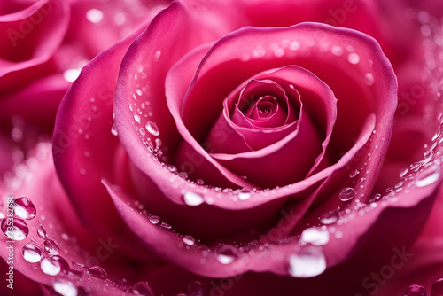 Close up of swirl pink rose flowers and petals with water droplets.