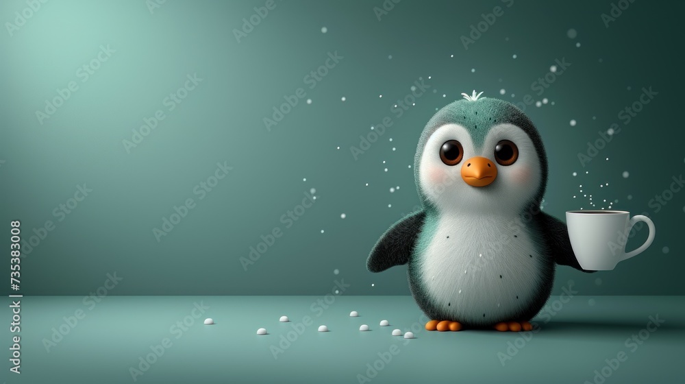 a penguin holding a cup of coffee with snow falling down on it's back and its eyes wide open. a penguin holding a cup of coffee with snow falling down on it's back and its eyes wide open.