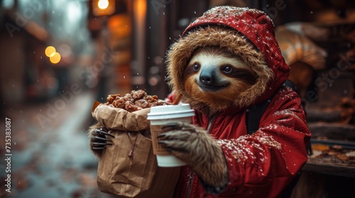 a slotty in a red jacket holding a cup of coffee and a brown paper bag with food in it.