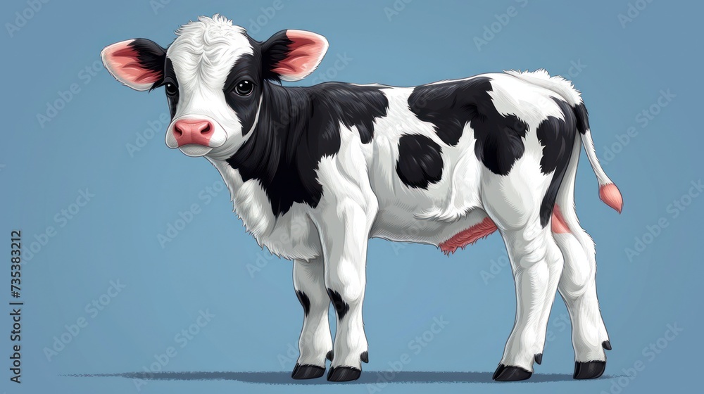 a black and white cow with a red tag on its ear stands in front of a blue background and looks at the camera.