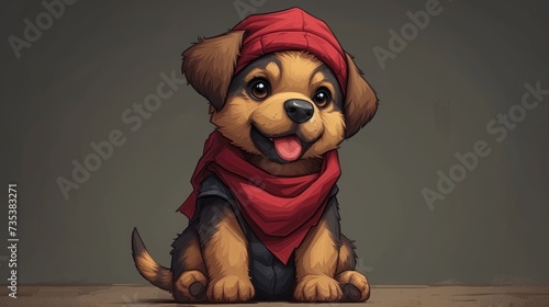 a brown dog wearing a red bandana sitting on top of a wooden floor in front of a gray background.