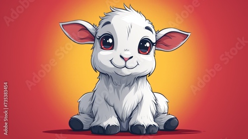 a cute little lamb sitting down on a red background with a red spot in the middle of it's face. photo