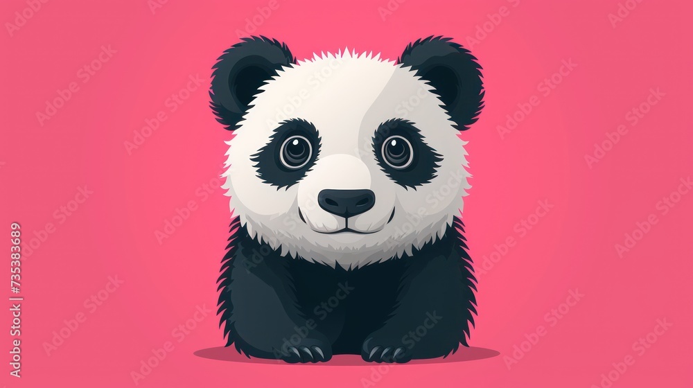 a black and white panda bear sitting on top of a pink background with the words panda on it's chest.