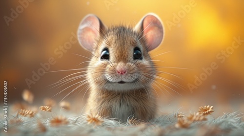 a little mouse sitting in the middle of a field of grass and looking at the camera with a curious look on its face.