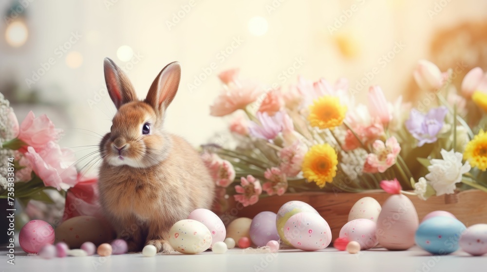Rabbit Sitting in Front of Flower Bunch Rabbit Sitting in Front of Flower Bunch
