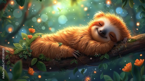 a painting of a sloth sleeping on a tree branch in a forest filled with orange flowers and green leaves. photo