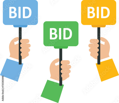 Hand holding auction paddle and money marketing concept,
