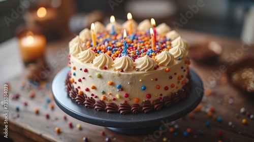 a birthday cake with white frosting and multicolored sprinkles on top of a wooden table. photo