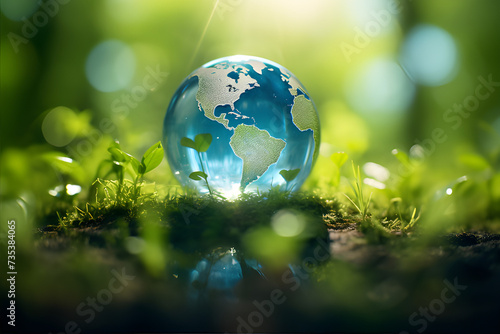 A photograph of an Earth Day background, with clear atmosphere, warm sunlight casting soft shadows on lush landscapes, captured from a low-angle perspective to emphasize the beauty of nature.