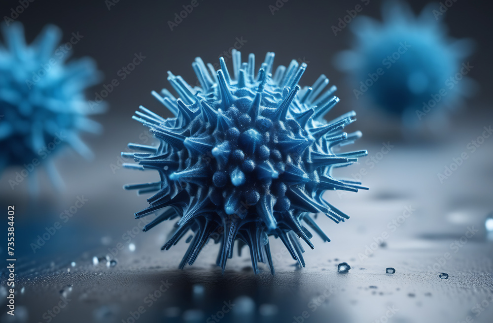 Microscopic view of a virus in the human body. Alaskapox virus. Model of a dangerous flying virus, bacteria, microbe, virus on blue background - obrazy, fototapety, plakaty 