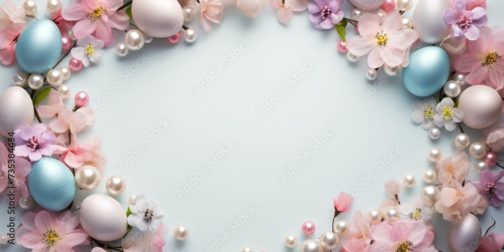 A Bunch of Flowers and Eggs on a Blue Background