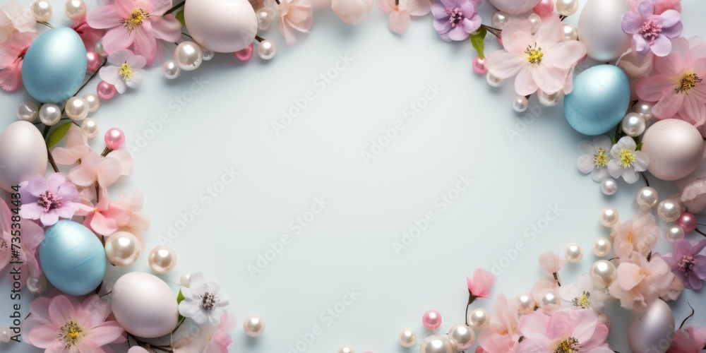 A Bunch of Flowers and Eggs on a Blue Background A Bunch of Flowers and Eggs on a Blue Background