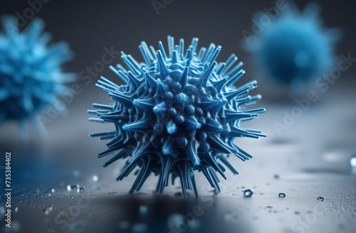 Microscopic view of a virus in the human body. Alaskapox virus. Model of a dangerous flying virus, bacteria, microbe, virus on blue background