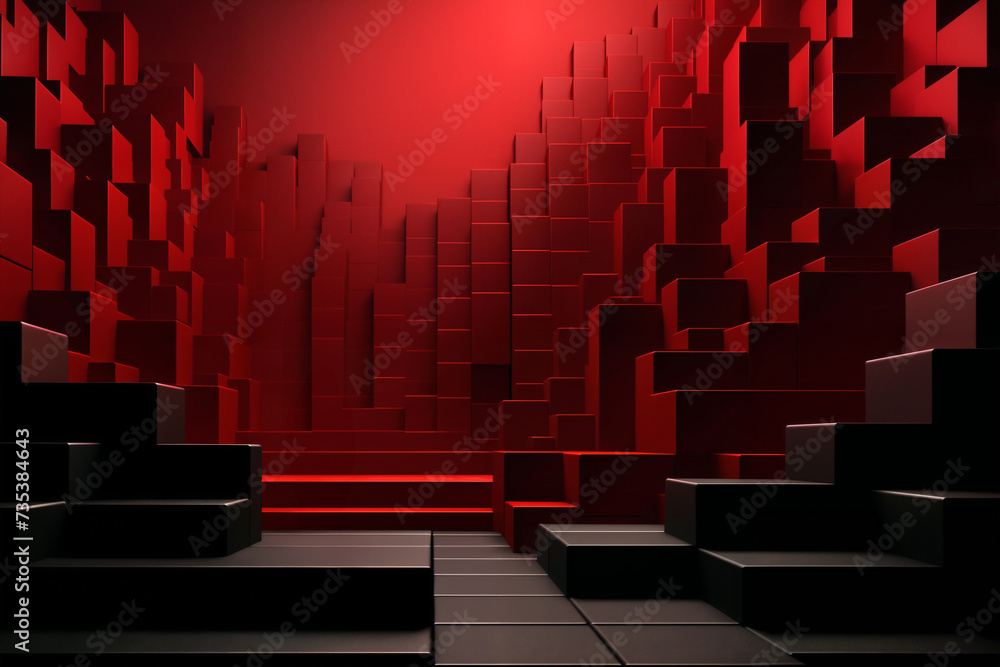 abstract space with dark mosaic background with many red block shapes and cubes, hi tech in the style of 3D rendering, digital art - obrazy, fototapety, plakaty 