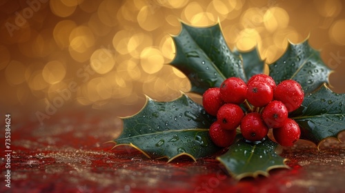 a close up of a holly with red berries and green leaves on a red surface with lights in the background. photo