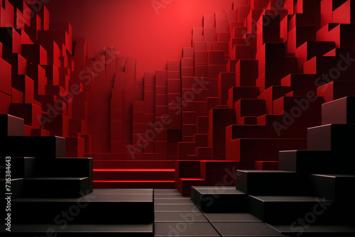 abstract space with dark mosaic background with many red block shapes and cubes, hi tech in the style of 3D rendering, digital art