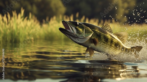 Bass fish jumps out of water isolate realistic illustration. Big Largemouth Bass. perch fishing in the usa on a river or lake at the weekend.