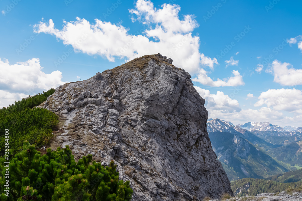 Panoramic view of majestic mountain peak Festlbeilstein in Hochschwab mountain range, Styria, Austria, Scenic hiking trail from Karlhochkogel to Sankt Ilgen. Escapism in Austrian Alps. Wanderlust