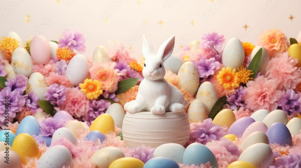 White Rabbit Sitting on Top of a White Container Surrounded by Flowers
