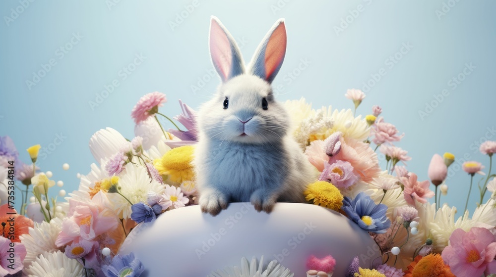 Rabbit Sitting on Top of White Ball Surrounded by Flowers