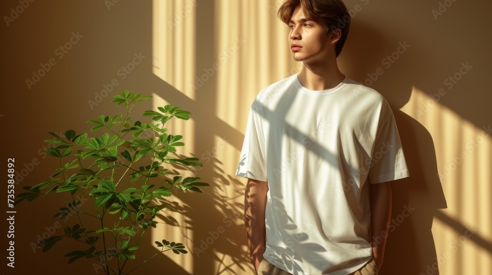 a young man standing in front of a wall next to a potted plant in a corner of a room.