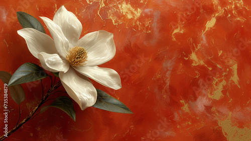 a painting of a white flower with green leaves on a red and gold background with a gold leafy stem. photo