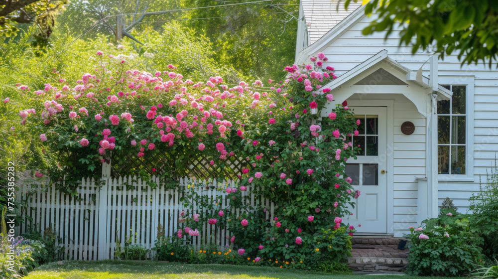 Tucked away in a secluded corner of the countryside this cottage garden retreat exudes romance and tranquility with its quaint white facade and blooming trellises.