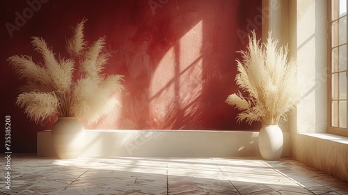 a couple of white vases sitting next to each other on top of a tiled floor in front of a red wall. photo