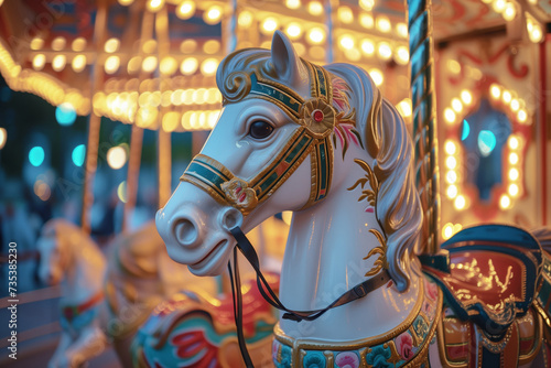 Carousel with horses and glowing lights close-up, park attraction © Alina Zavhorodnii