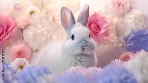 White Rabbit Sitting in a Field of Flowers