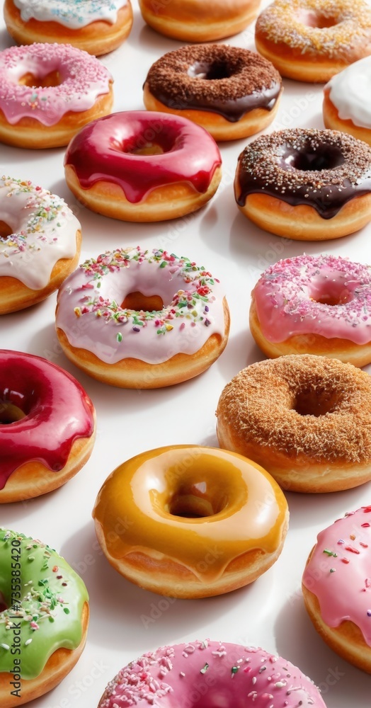 An image of donuts with colored glaze and sprinkles. Tasty. On a white background. AI generated.