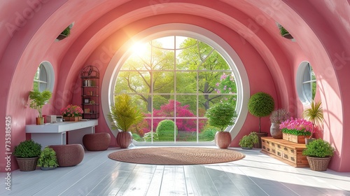 a room with a large round window and potted plants on the floor and a rug on the floor in front of the window.