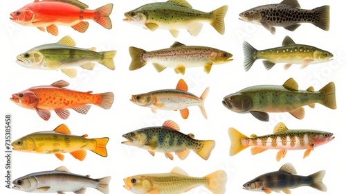 Big set of freshwater fishes of North America USA illustration isolate realism.